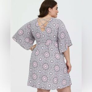 Torrid Mini Challis Skater Dress Womens Size 1X Ivy Print Bell Sleeve Strappy